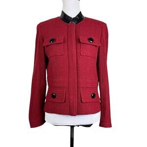 Worth New York Red Wool Blend Boucle Texture Faux Leather Collar Blazer Jacket